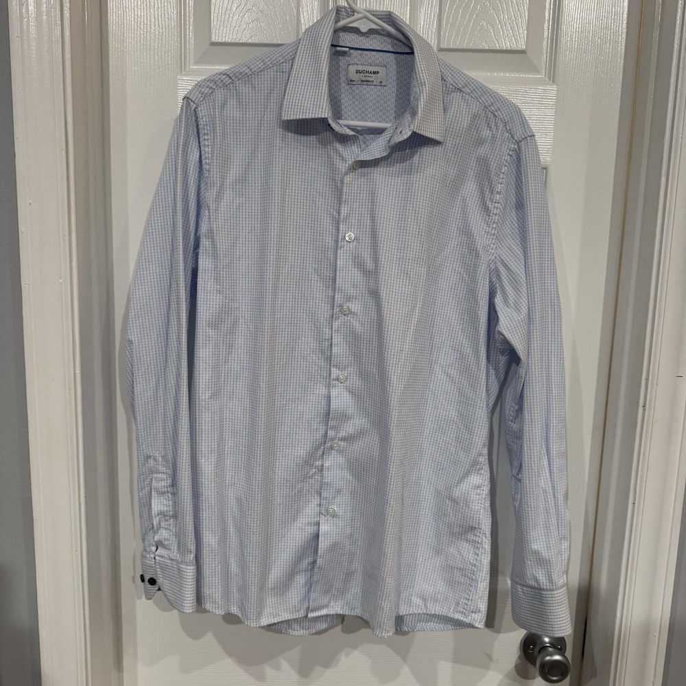 Duchamp London Men's Tailored Fit Textured Stretch Shirt Light Blue Size 16.5 L‎